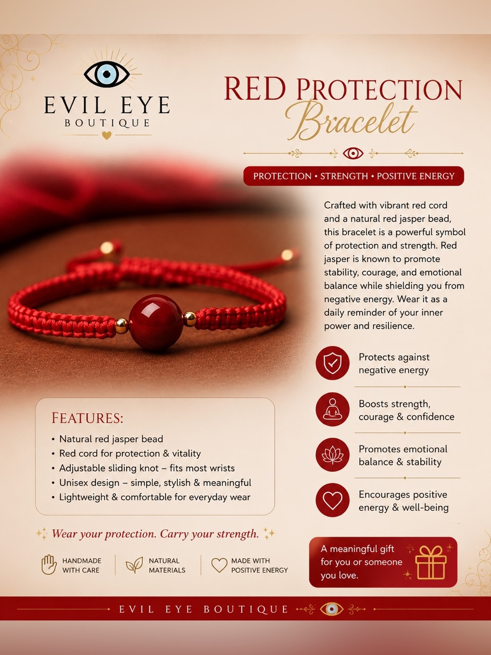 Red Protection Bracelet - Red Jasper & Cord
